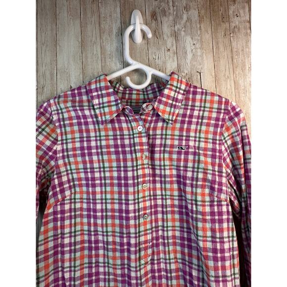 Vineyard Vines Shirt Womens 4 Fuchsia Green Plaid Collar 1/2 Button Linen Blend - Picture 3 of 9